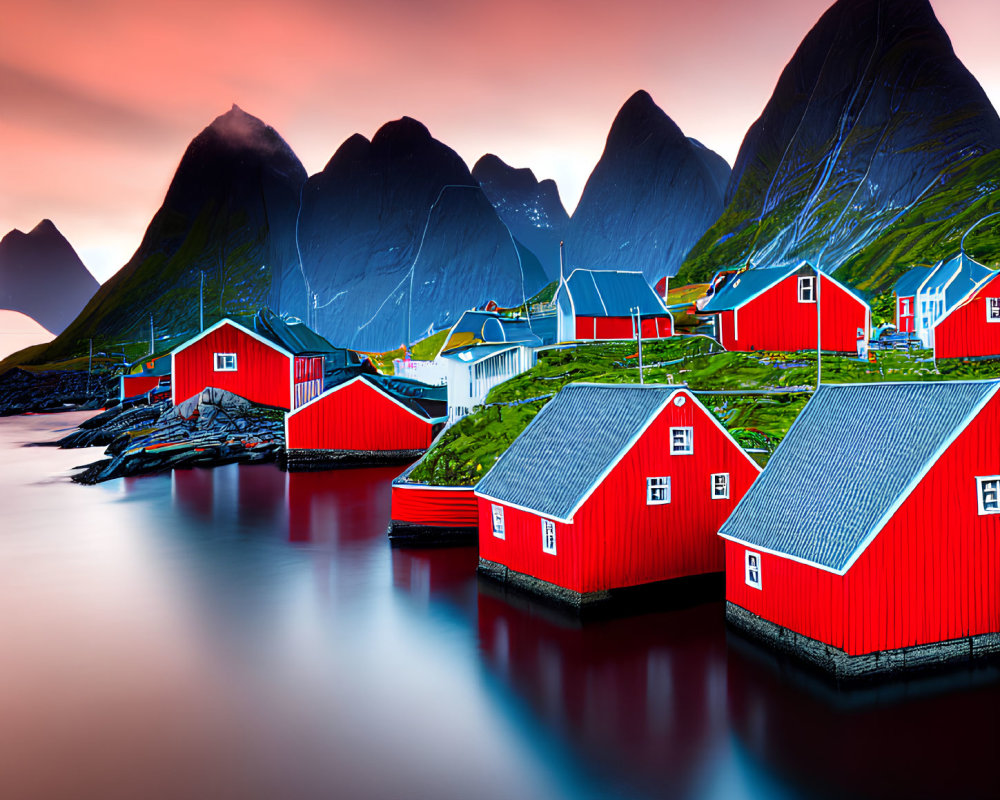 Scenic red wooden houses on stilts by calm water and mountains at sunrise.