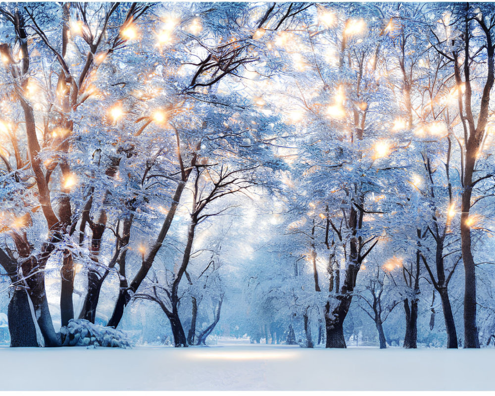 Snow-covered trees with glowing lights in tranquil winter park