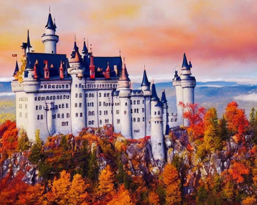 Enchanting castle with spires in autumn forest landscape