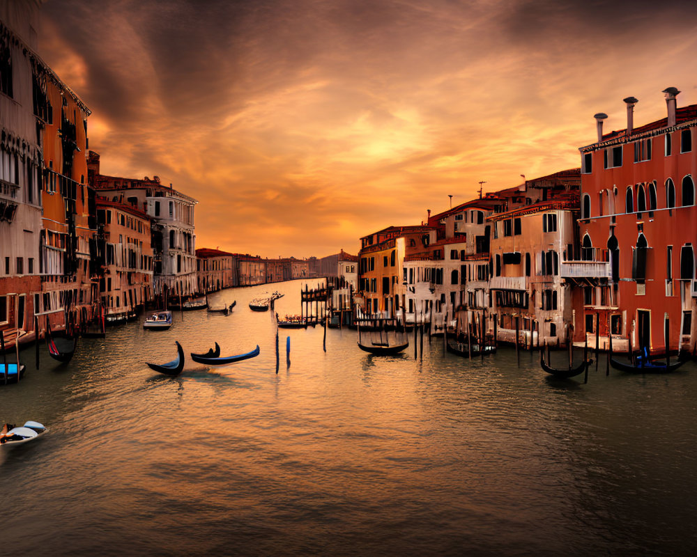 Scenic Venetian canal at sunset with historic buildings and gondolas