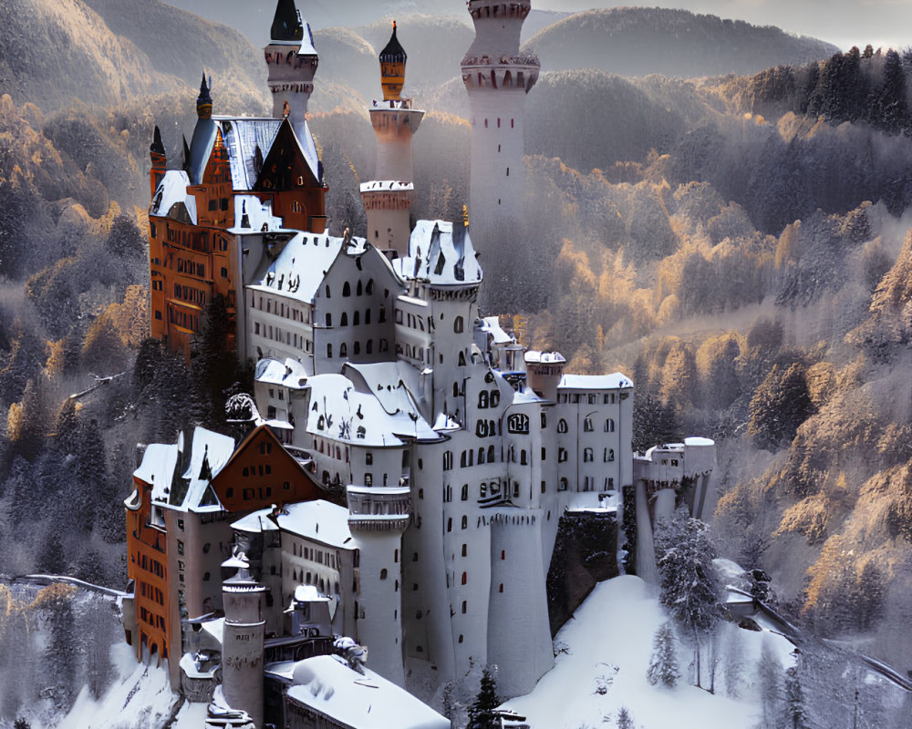 Snowy hill castle with spires in forest under cloudy sky