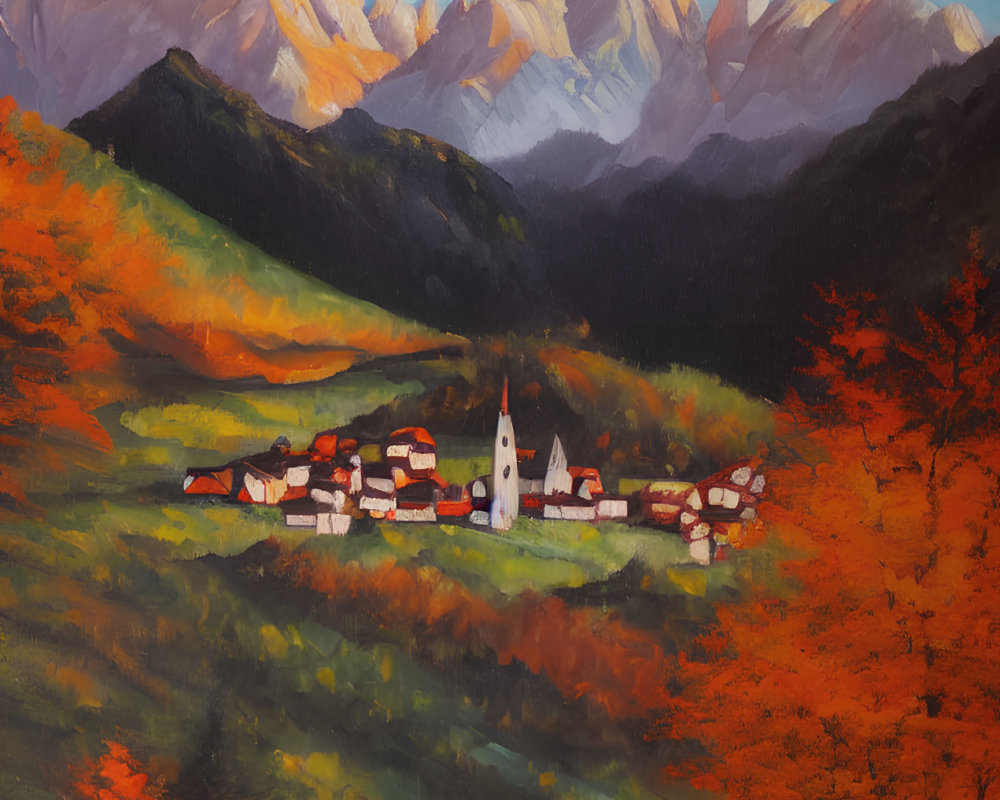 Scenic painting of tranquil village with autumn trees and snow-capped mountains