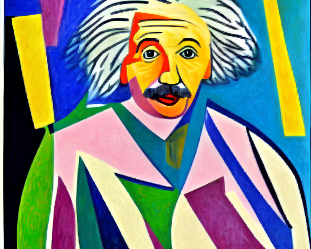 Abstract portrait of man with white hair and mustache in vibrant geometric shapes.