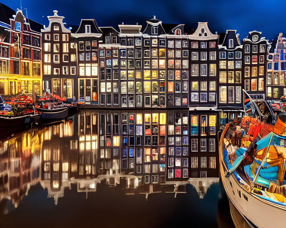 Traditional Dutch Canal Houses Illuminated at Night with Docked Boats