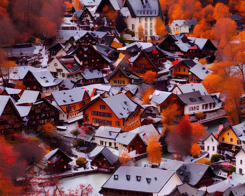 Scenic autumn village with cozy houses and church spire in valley