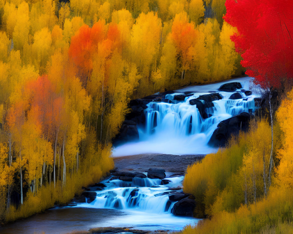 Colorful Autumn Waterfall Scene with Red Tree and Cascading Water