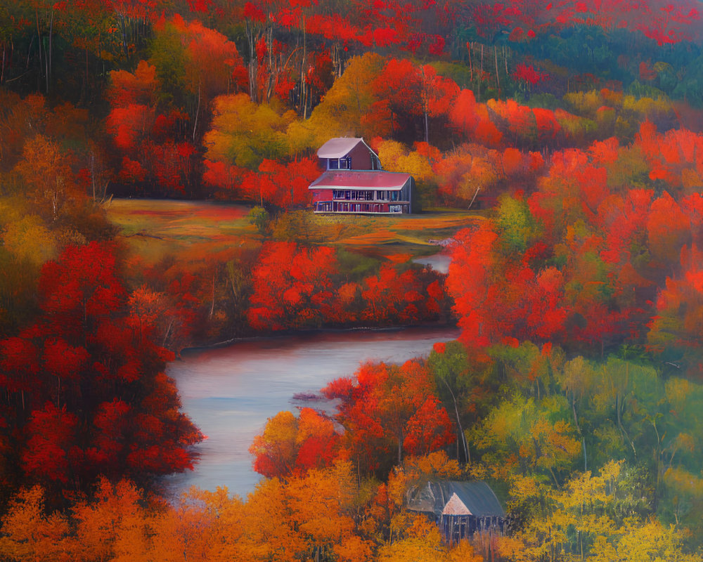 Serpentine river and fiery autumn foliage in isolated landscape