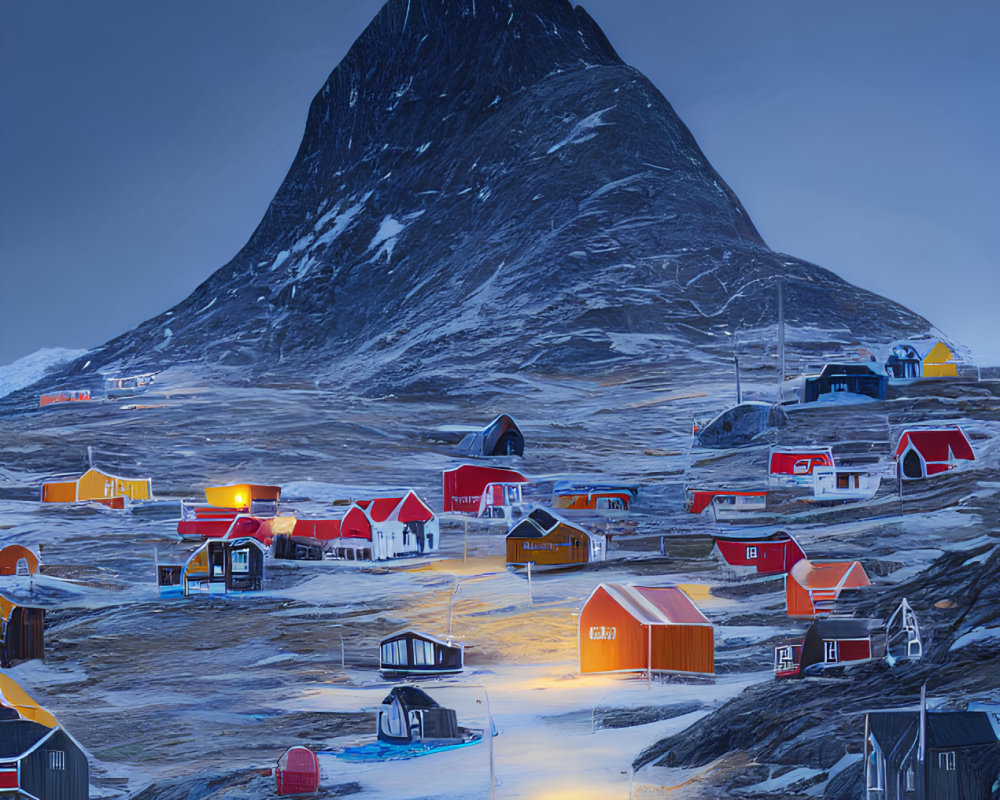 Scenic Arctic village with colorful houses under towering mountain at dusk