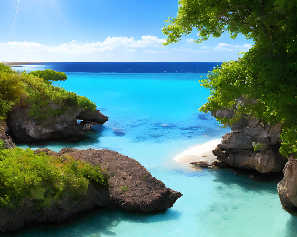 Sunny Tropical Beach with Turquoise Water & Rocky Formations