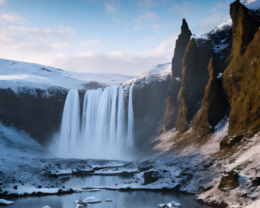 Snow-covered cliffs frame majestic waterfall and tranquil pool below