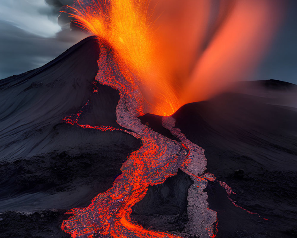 Dramatic volcanic eruption with glowing lava flows and dark sky