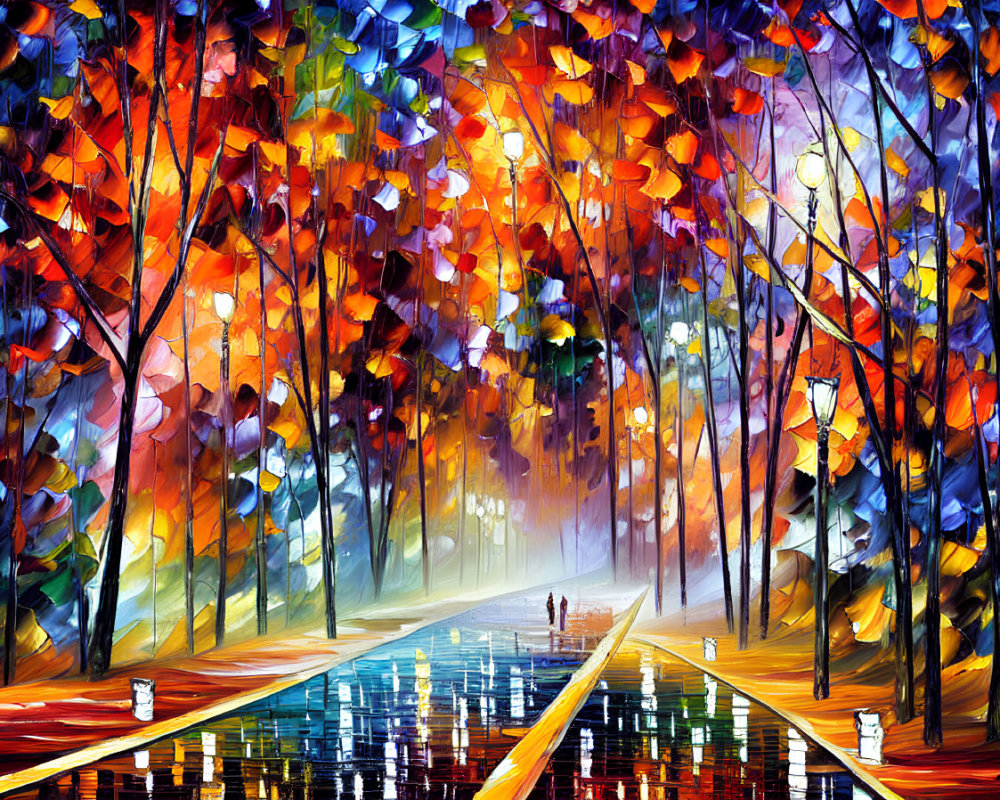 Colorful painting: Couple walking in rain-soaked autumn park