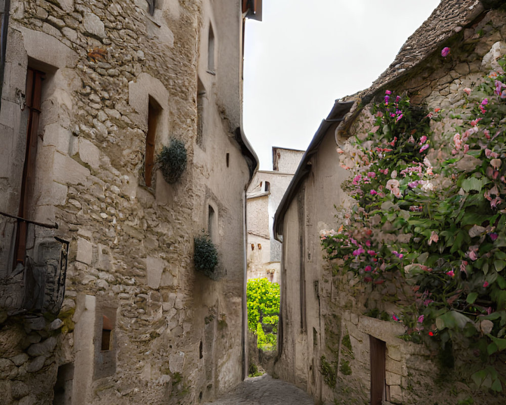 Old Stone Buildings and Cobblestone Alley with Flowering Plants