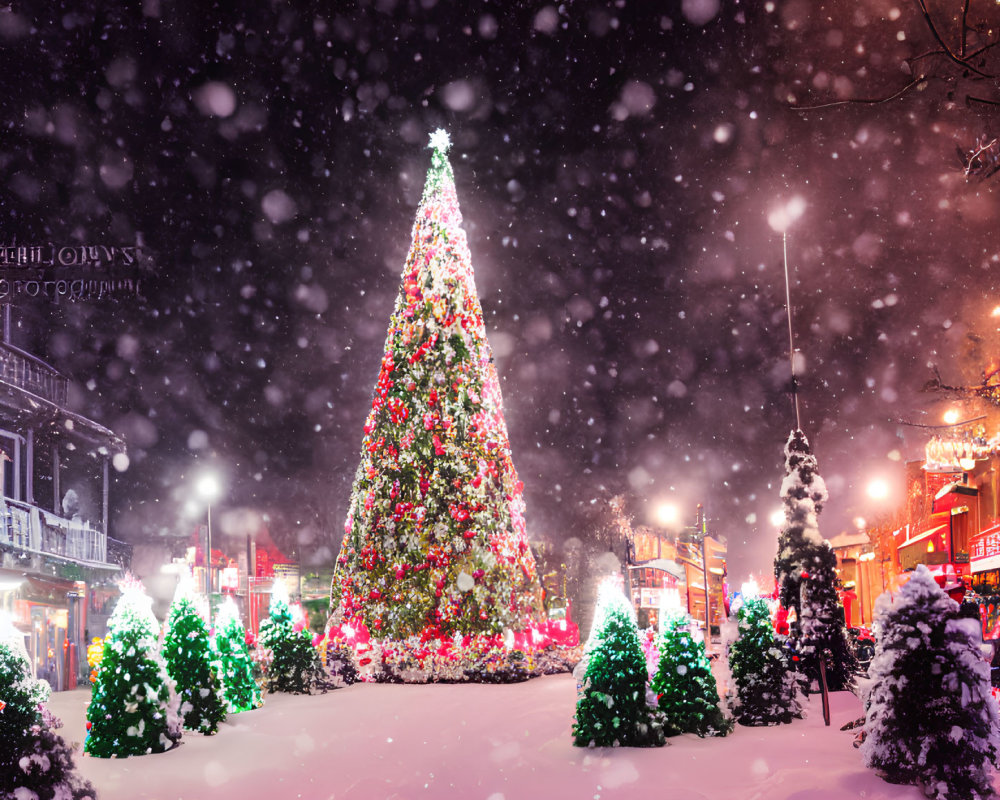 Snowy Town Square with Illuminated Christmas Tree at Night