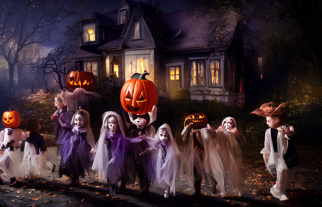 Kids in Halloween costumes trick-or-treating near spooky house with jack-o'-lanterns