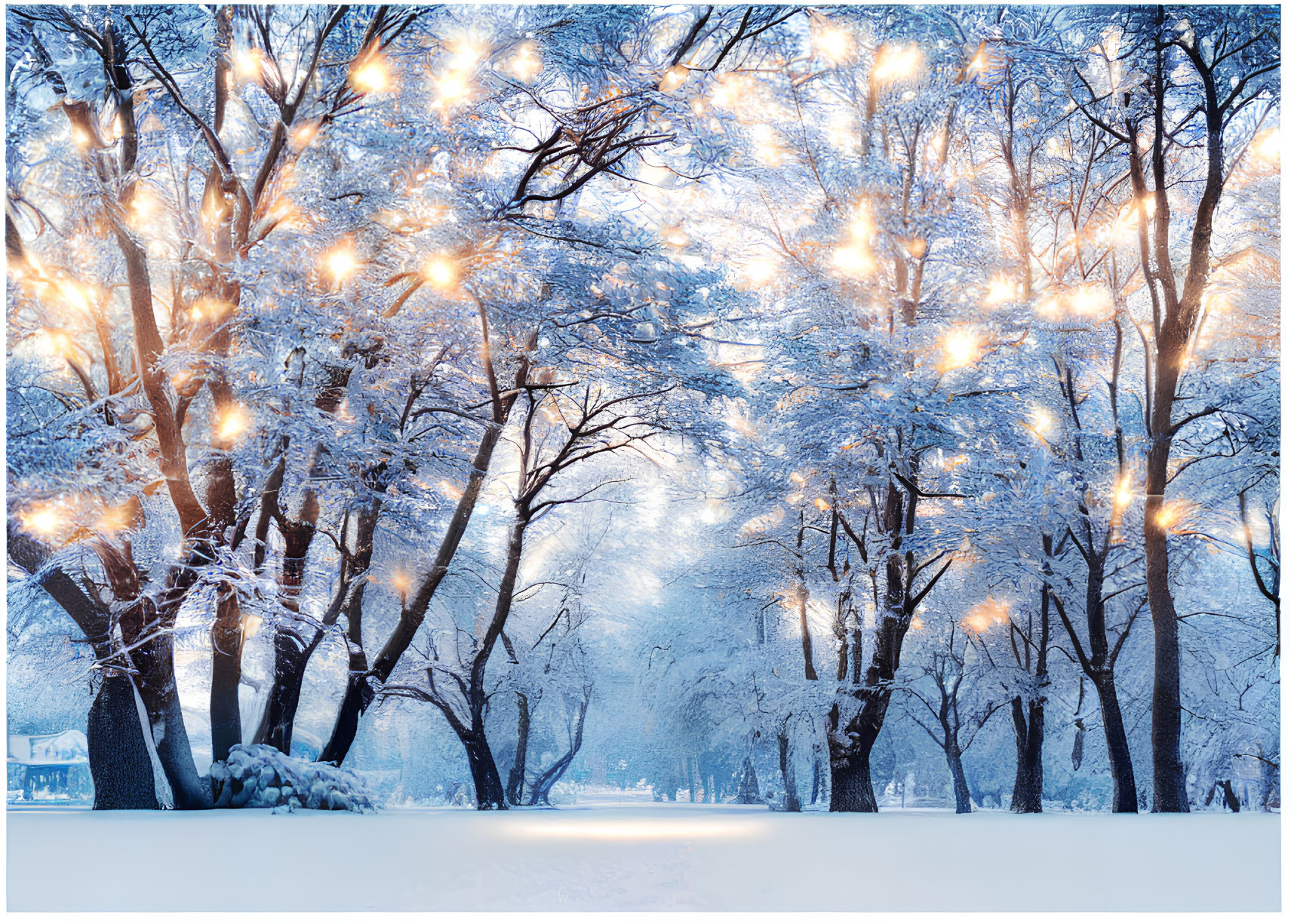 Snow-covered trees with glowing lights in tranquil winter park