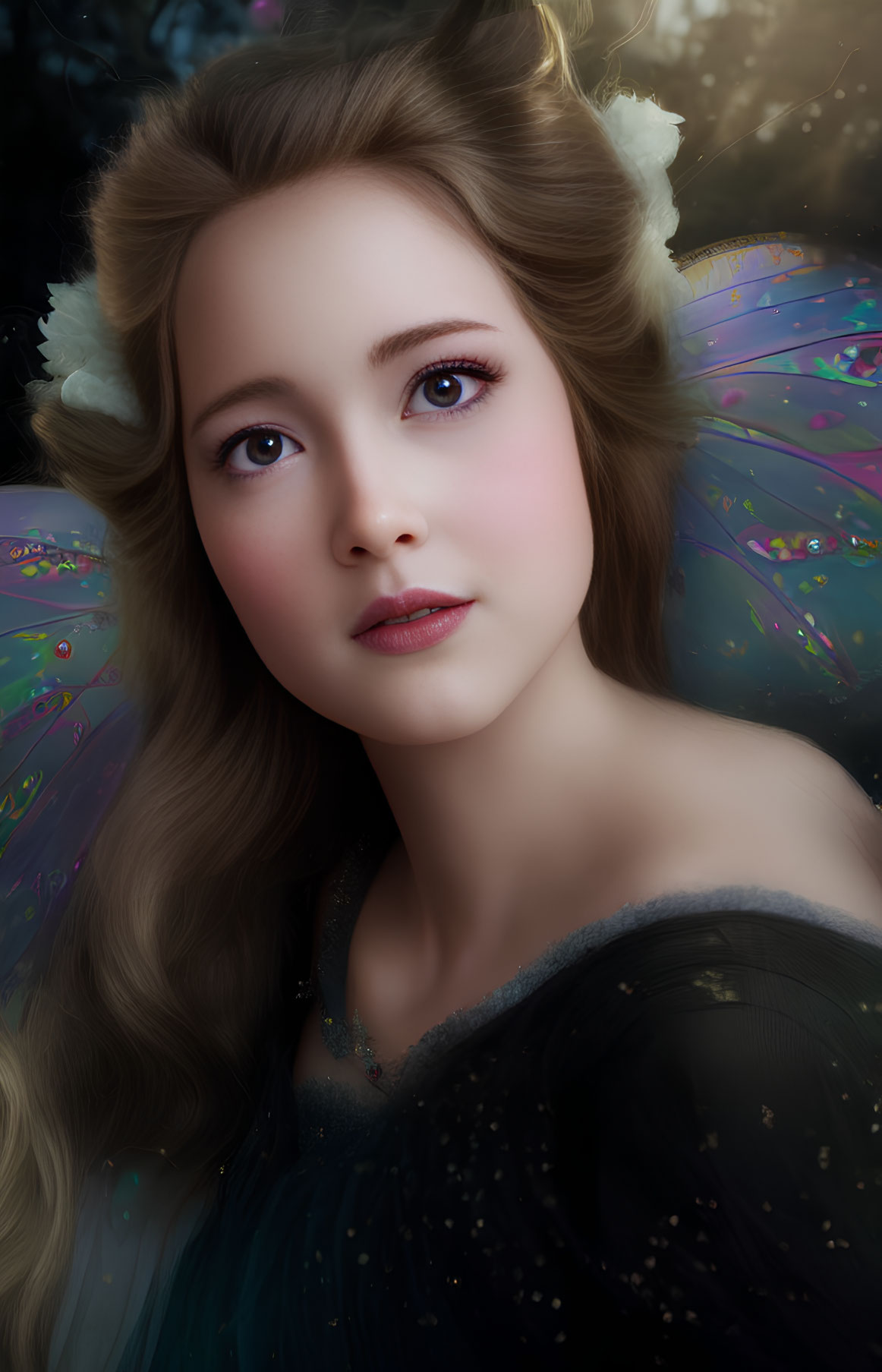 Young woman with fairy features and translucent wings in digital portrait