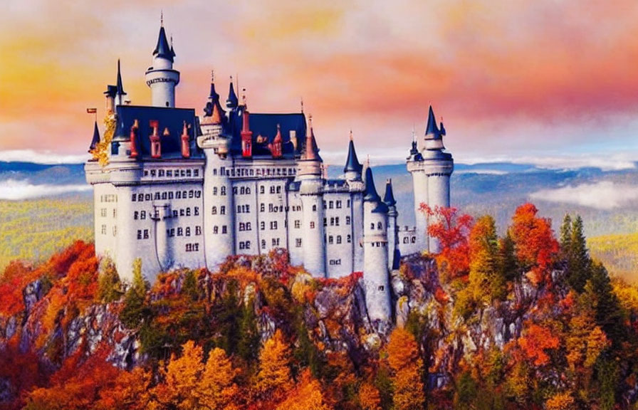 Enchanting castle with spires in autumn forest landscape