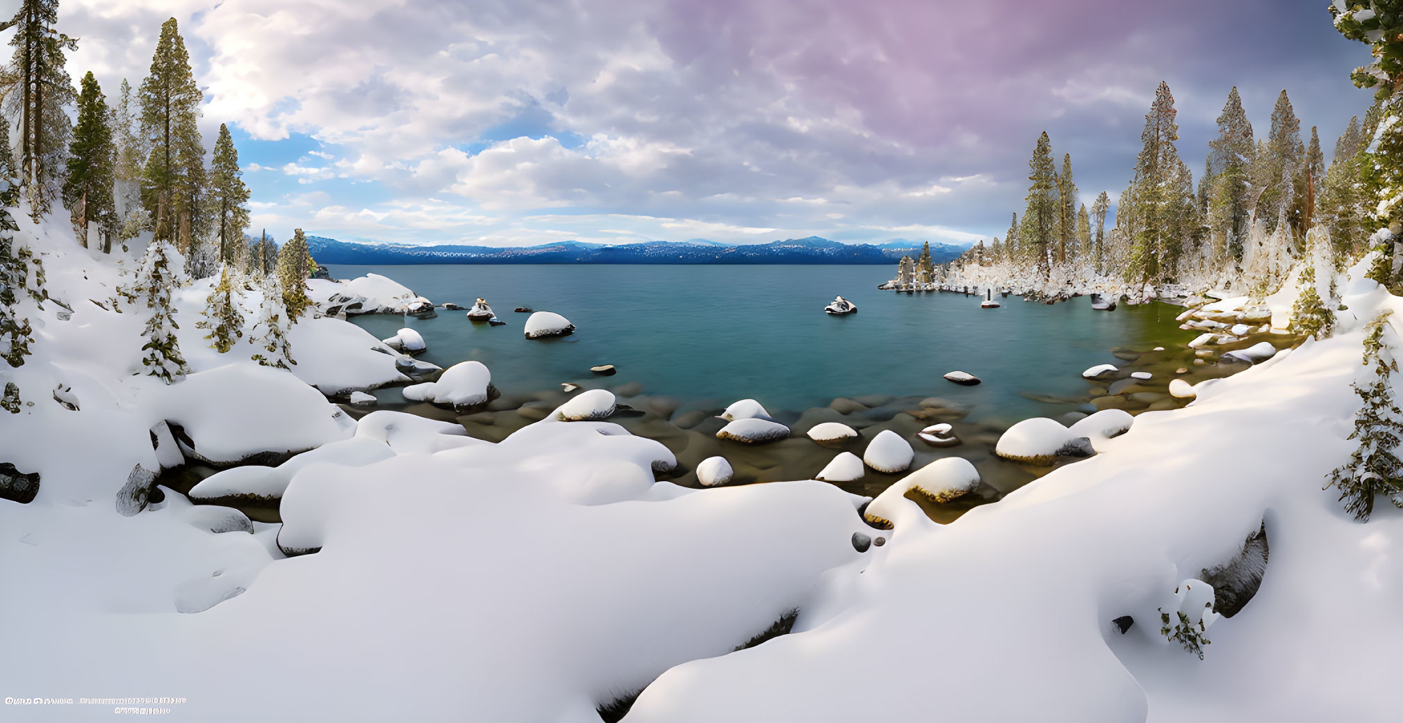 Tranquil Winter Lake Scene with Snow-Covered Shores