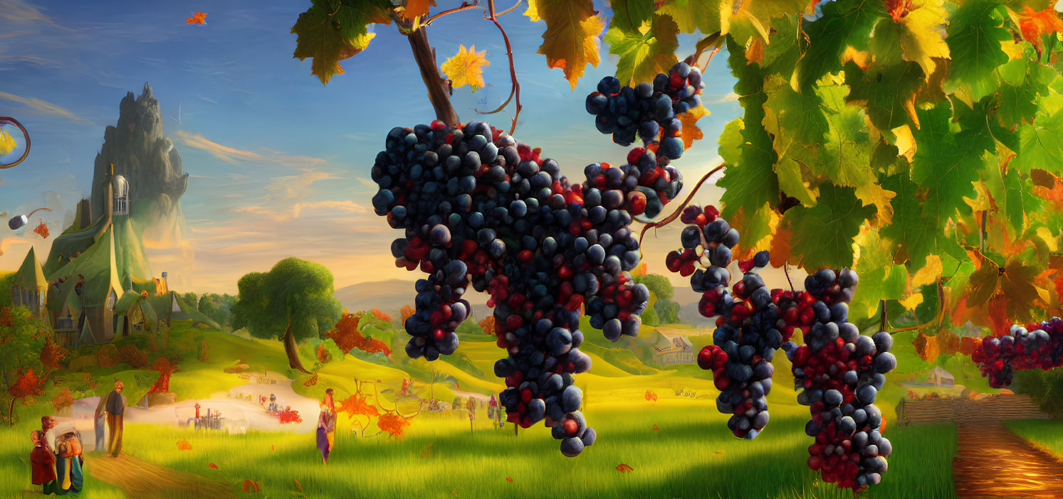 Colorful landscape with grape clusters, castle, and whimsical characters in a sunny pastoral scene.