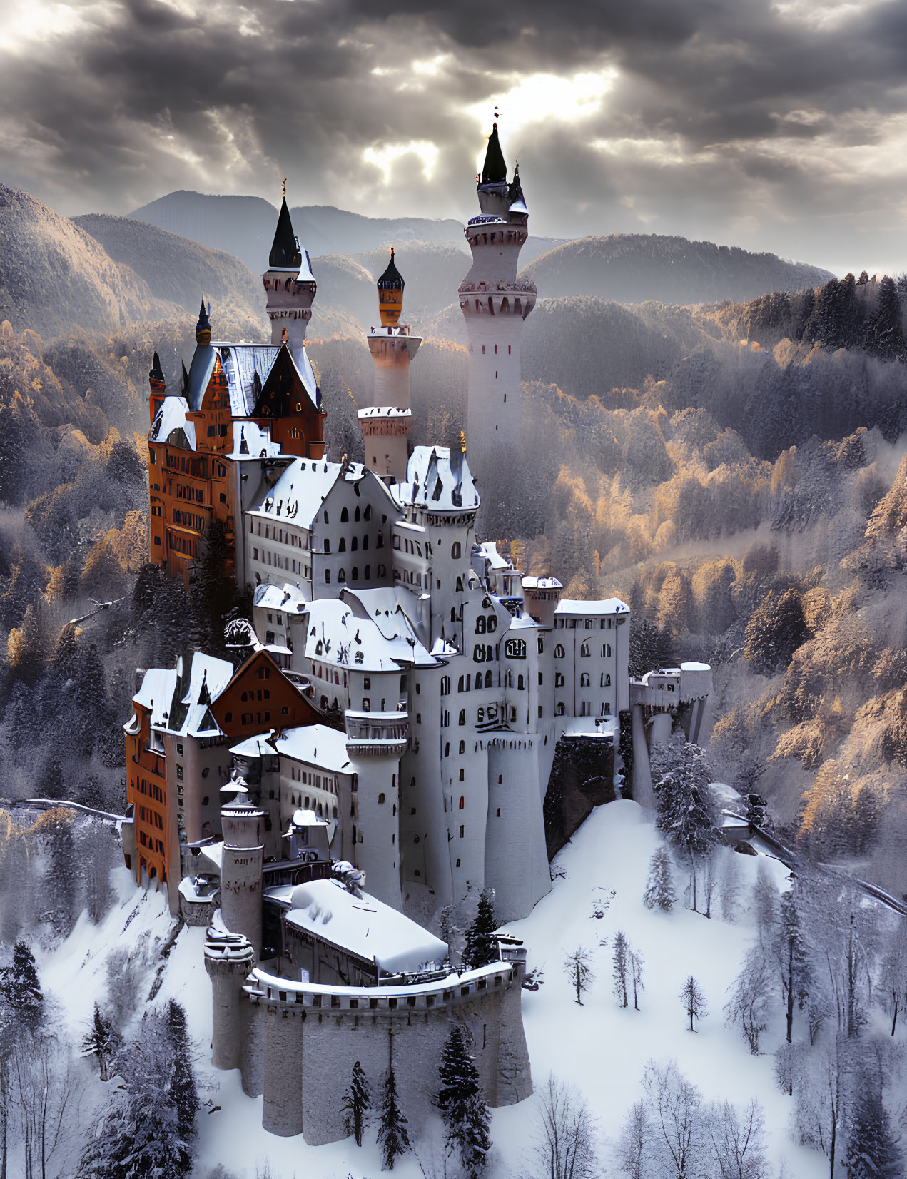 Snowy hill castle with spires in forest under cloudy sky