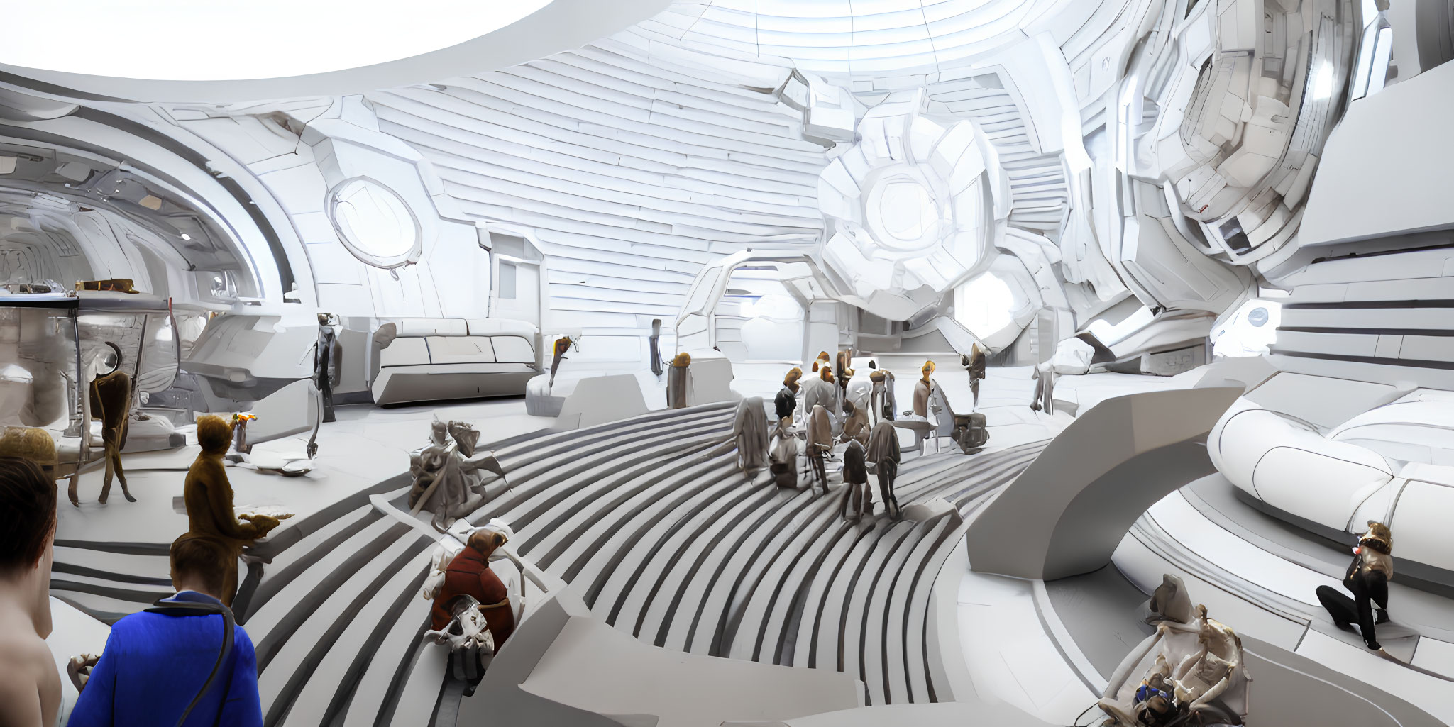 Futuristic interior with diverse people in stylish outfits and sleek white architecture