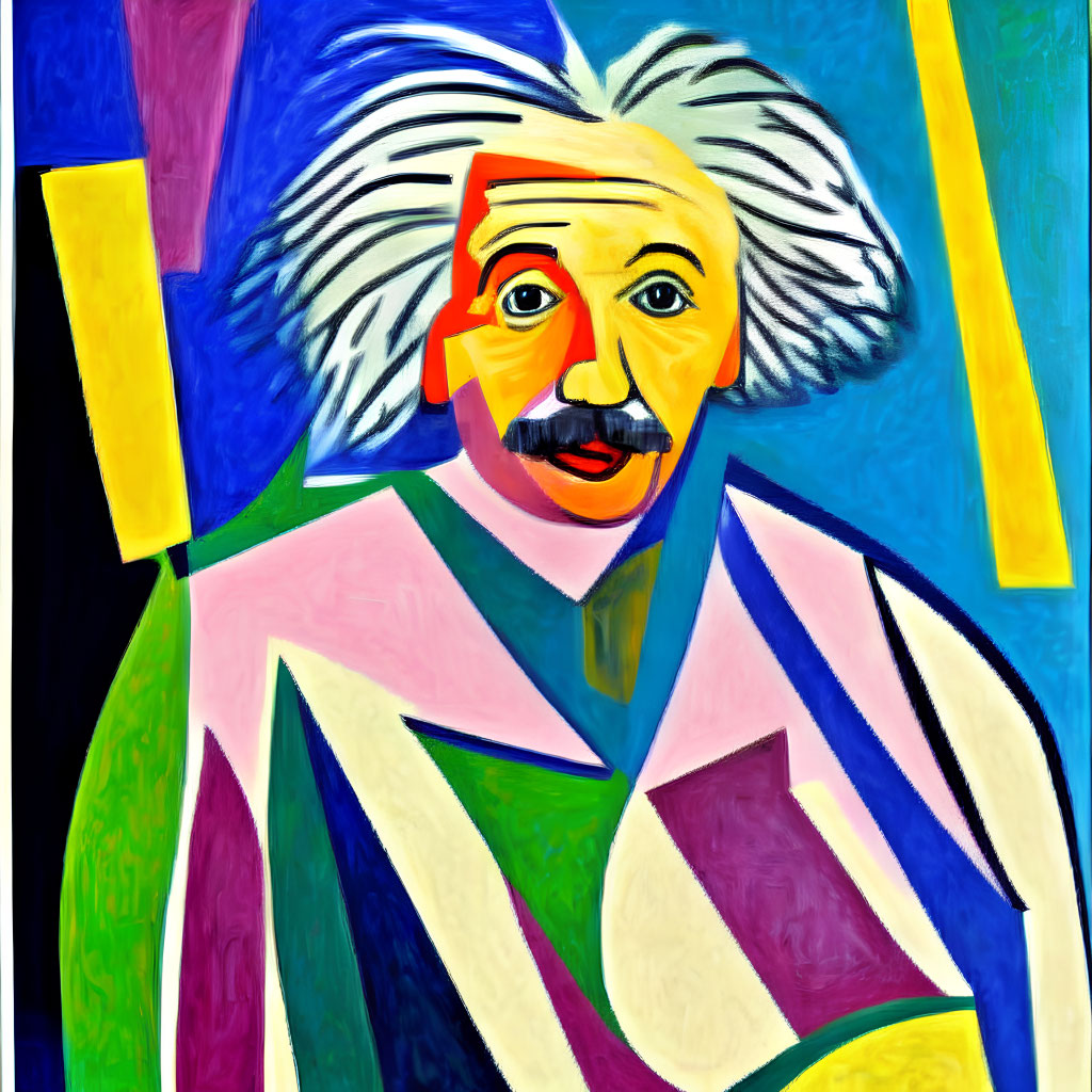 Abstract portrait of man with white hair and mustache in vibrant geometric shapes.