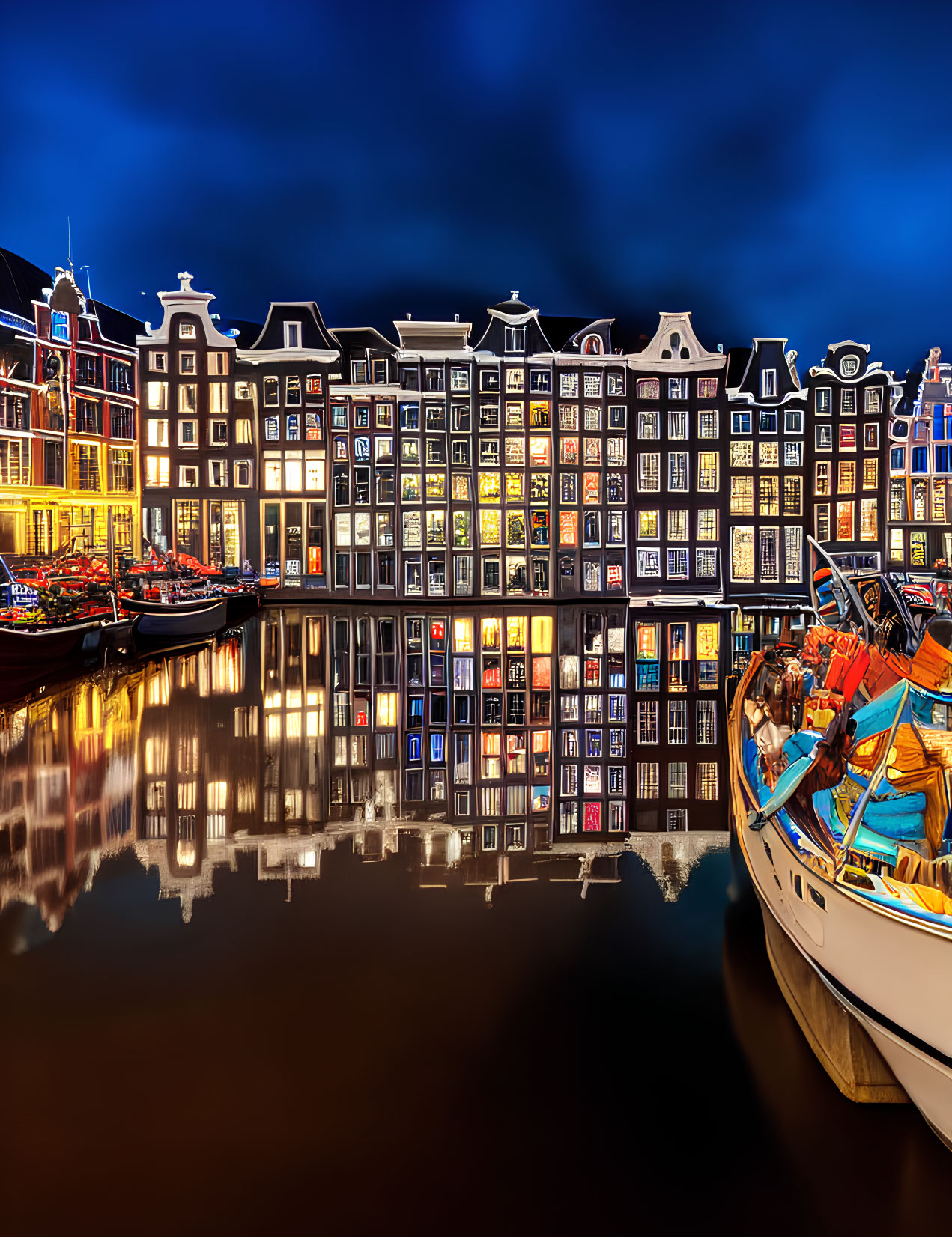 Traditional Dutch Canal Houses Illuminated at Night with Docked Boats