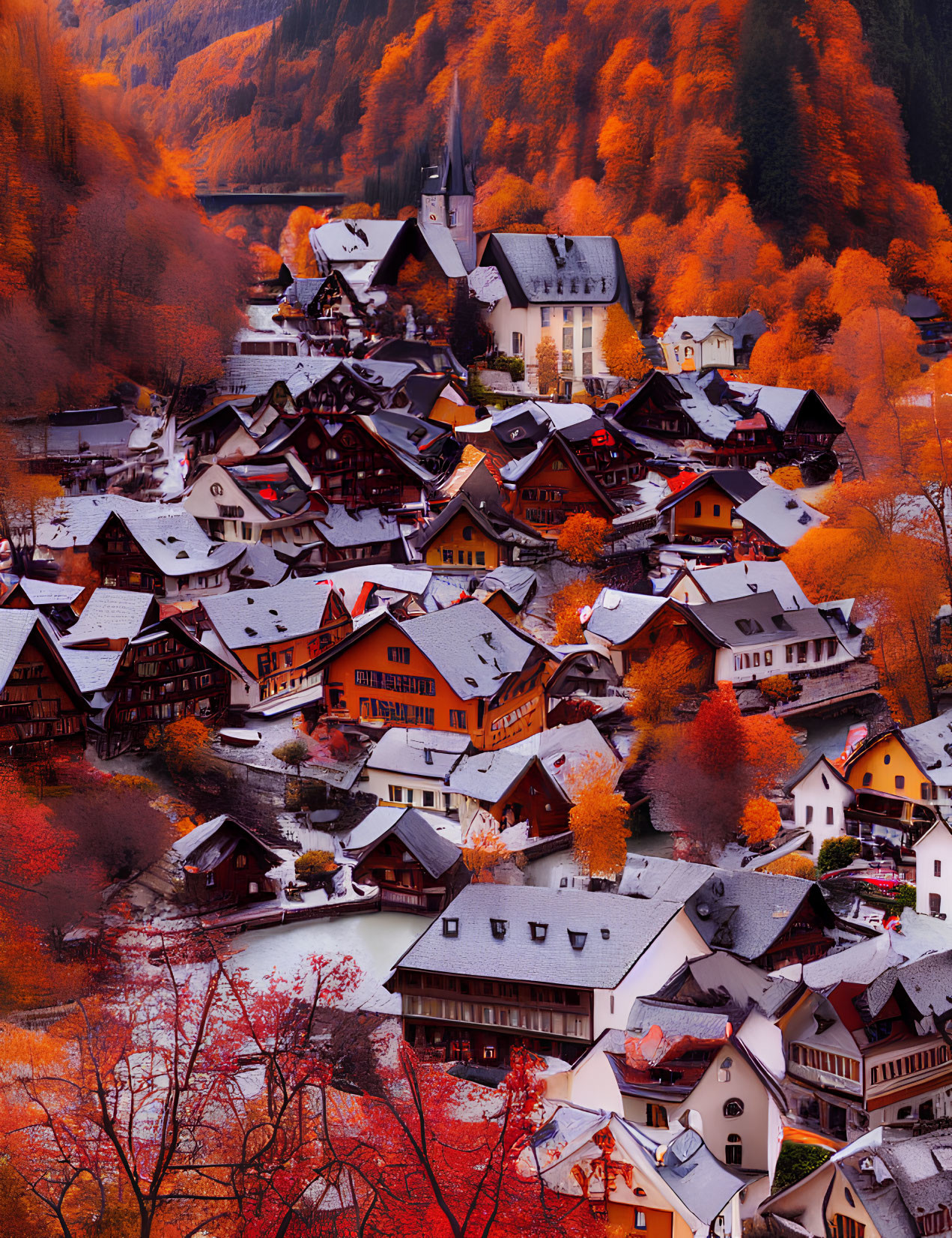 Scenic autumn village with cozy houses and church spire in valley