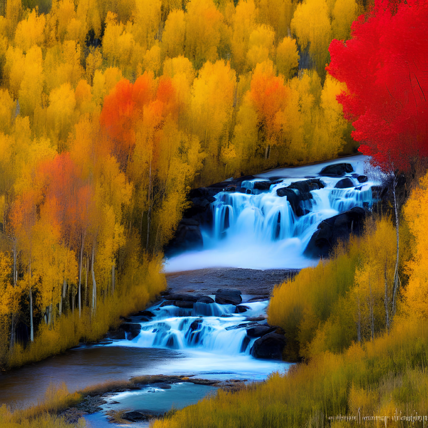 Colorful Autumn Waterfall Scene with Red Tree and Cascading Water