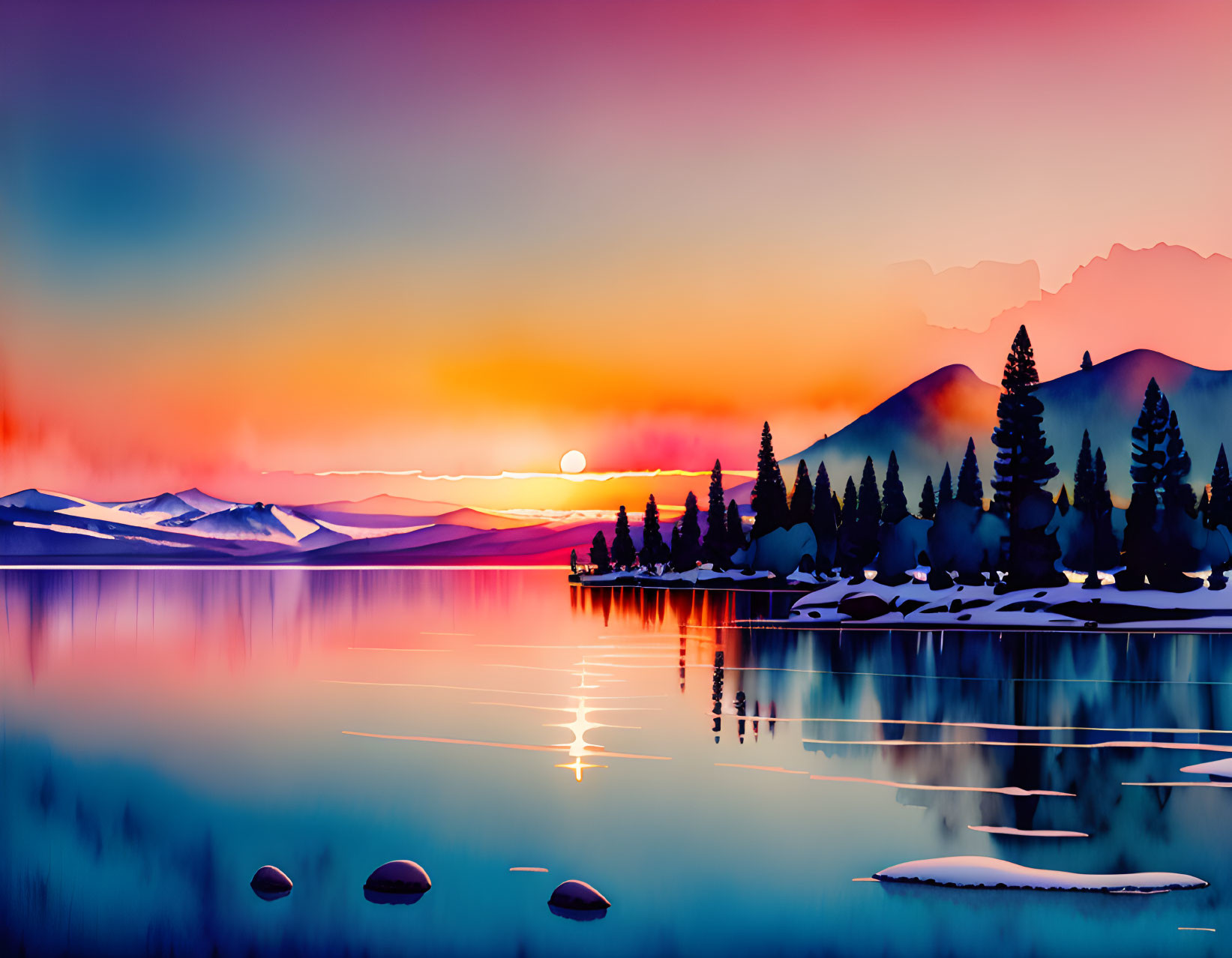 Vibrant digital artwork: Sunset over serene lake, snow-capped mountains, silhouetted