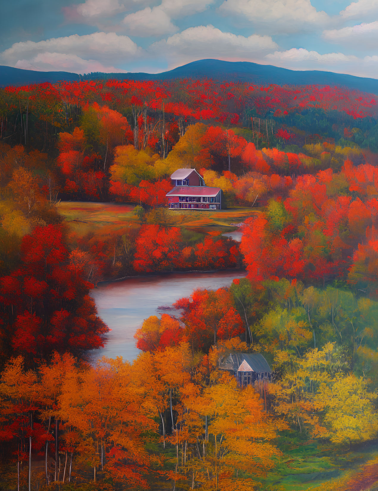 Serpentine river and fiery autumn foliage in isolated landscape