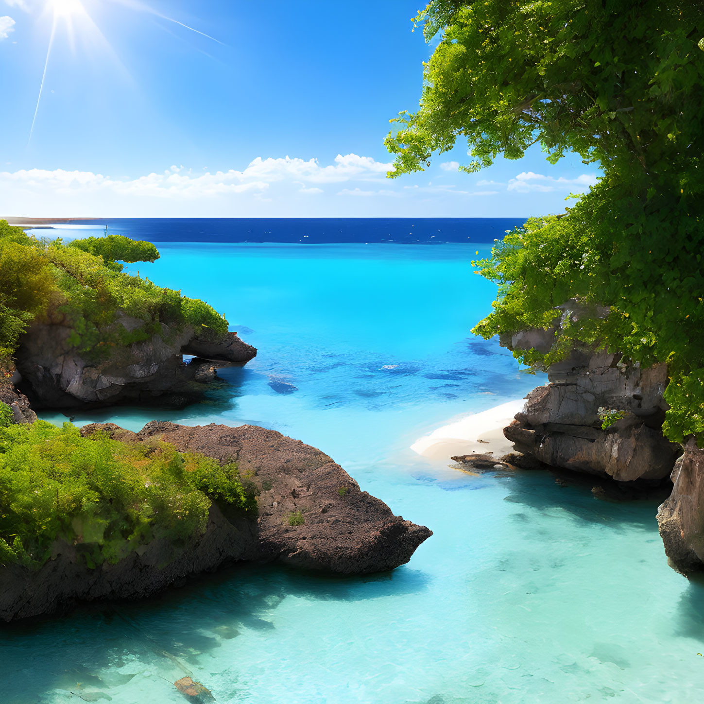 Sunny Tropical Beach with Turquoise Water & Rocky Formations