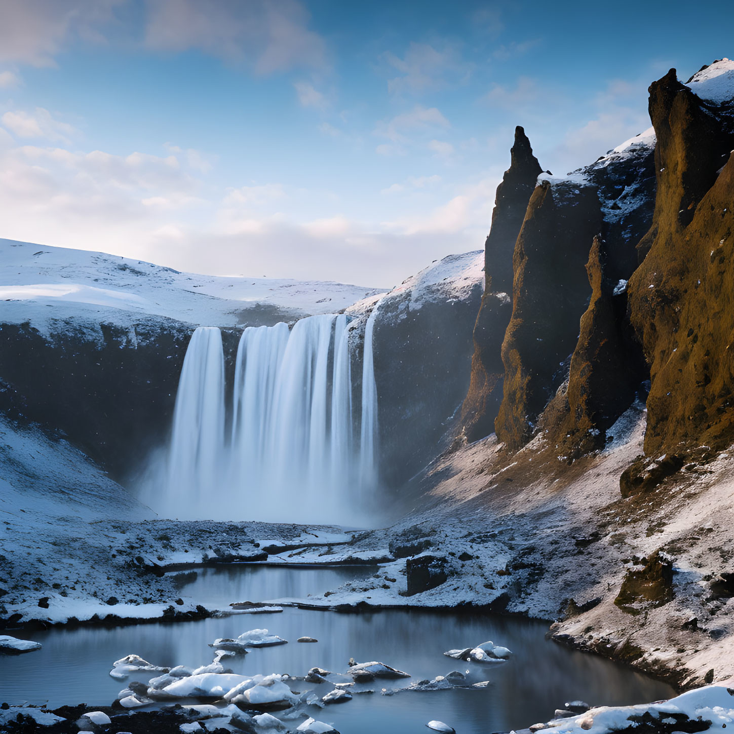 Snow-covered cliffs frame majestic waterfall and tranquil pool below