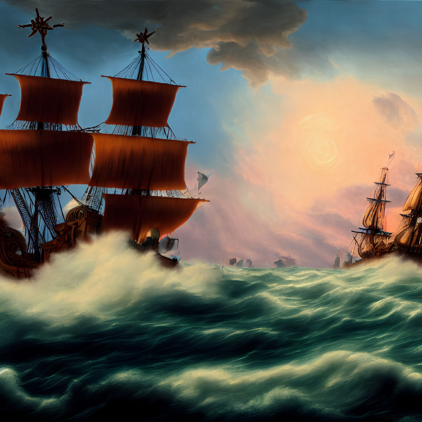 Tall ships navigating stormy seas under dramatic sunset sky