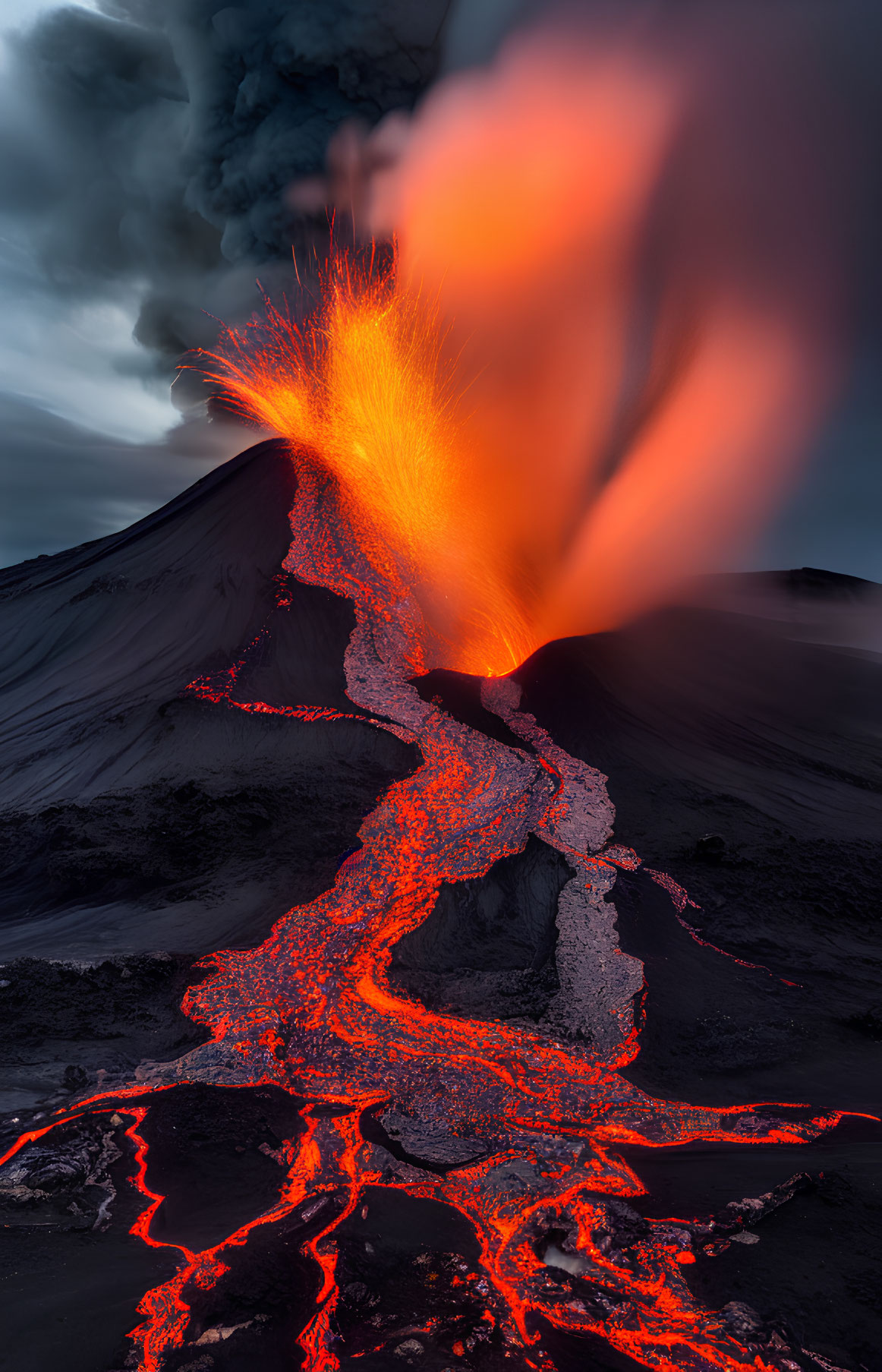 Dramatic volcanic eruption with glowing lava flows and dark sky