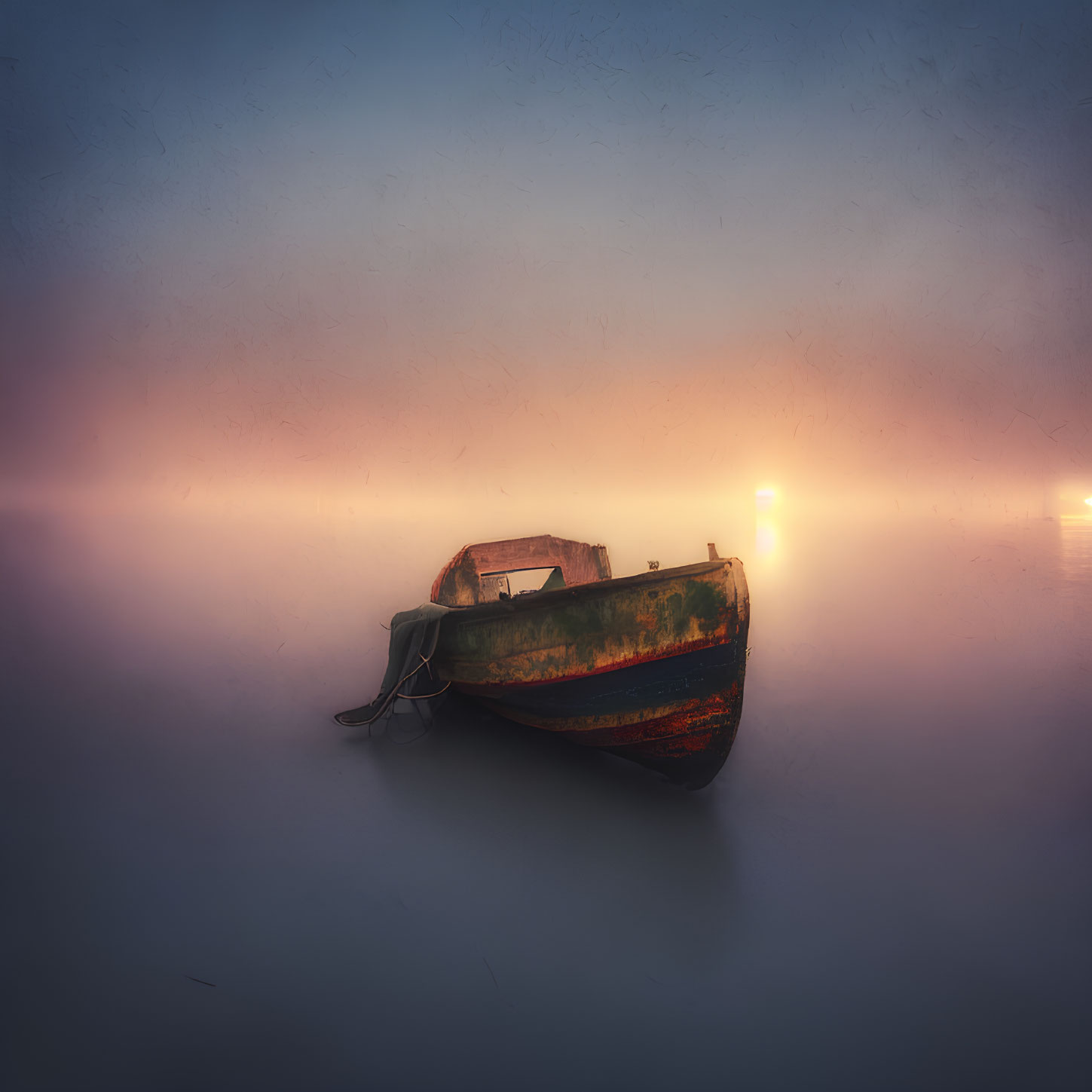 Rusted boat floating in tranquil waters under warm-hued sky