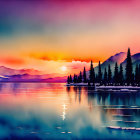 Vibrant digital artwork: Sunset over serene lake, snow-capped mountains, silhouetted