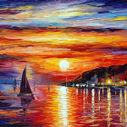 Colorful sunset oil painting with sailboat silhouettes reflecting on water