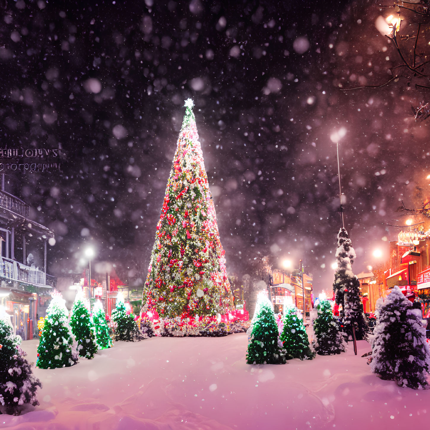 Snowy Town Square with Illuminated Christmas Tree at Night