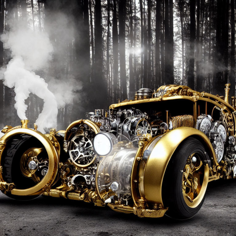 Steampunk-inspired car with golden accents emitting steam in moody forest.