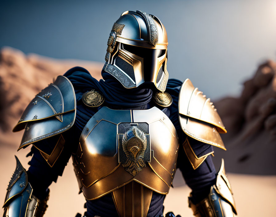 Elaborate Golden and Blue Armor in Blurred Desert Background