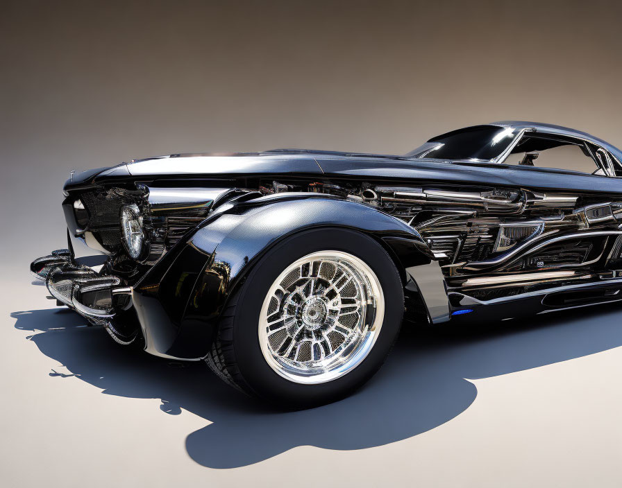 Vintage Black Car with Chrome Details and Wire-Spoked Wheels