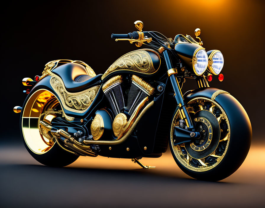 Intricate Golden Patterns on Sleek Motorcycle