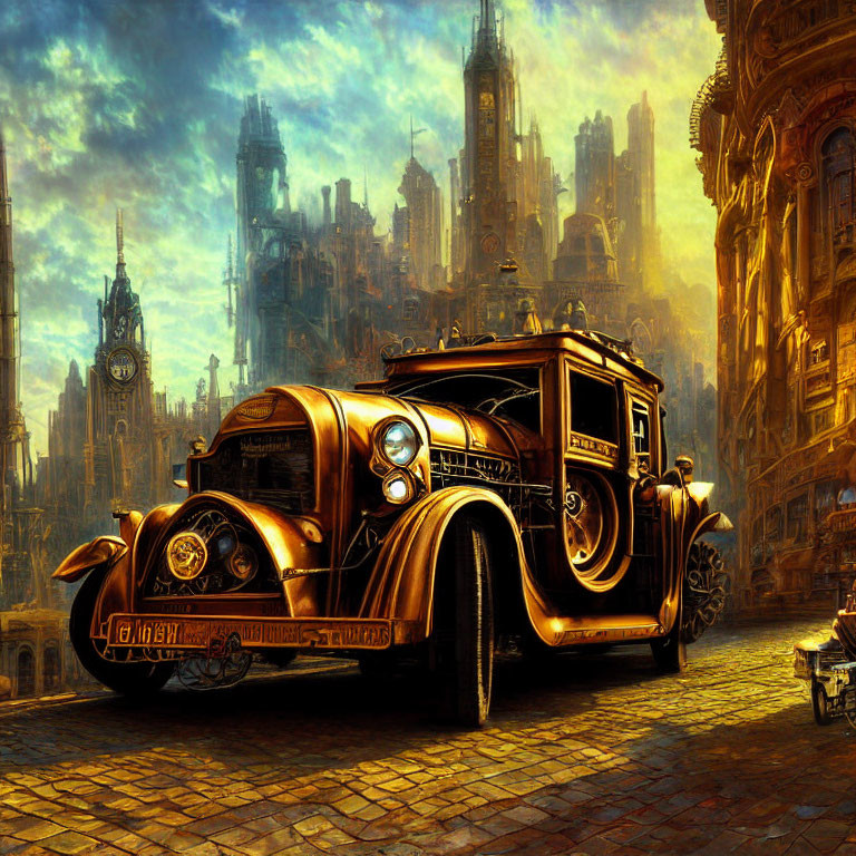 Bronze retro-futuristic car in dystopian cityscape with gothic buildings