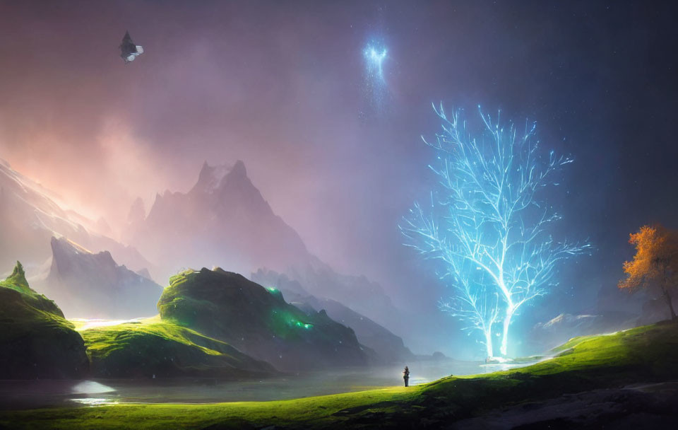 Glowing tree in mystical landscape with mountains and starry sky