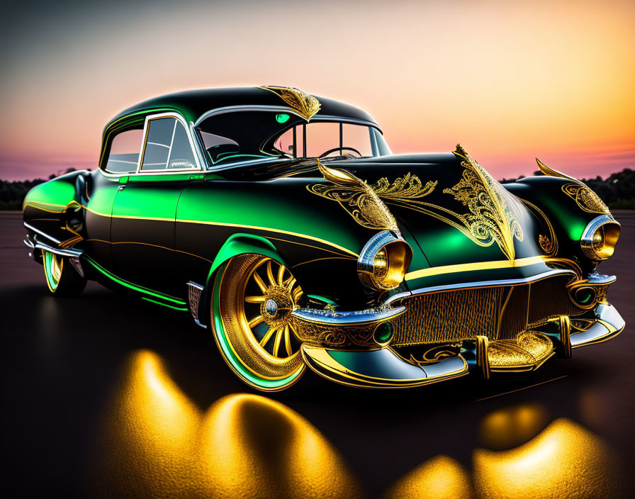 Vintage car with green and black paint and gold trim under sunset sky