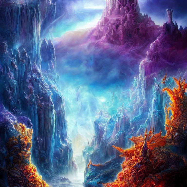 Fantasy landscape with cascading waterfalls and purple mountains