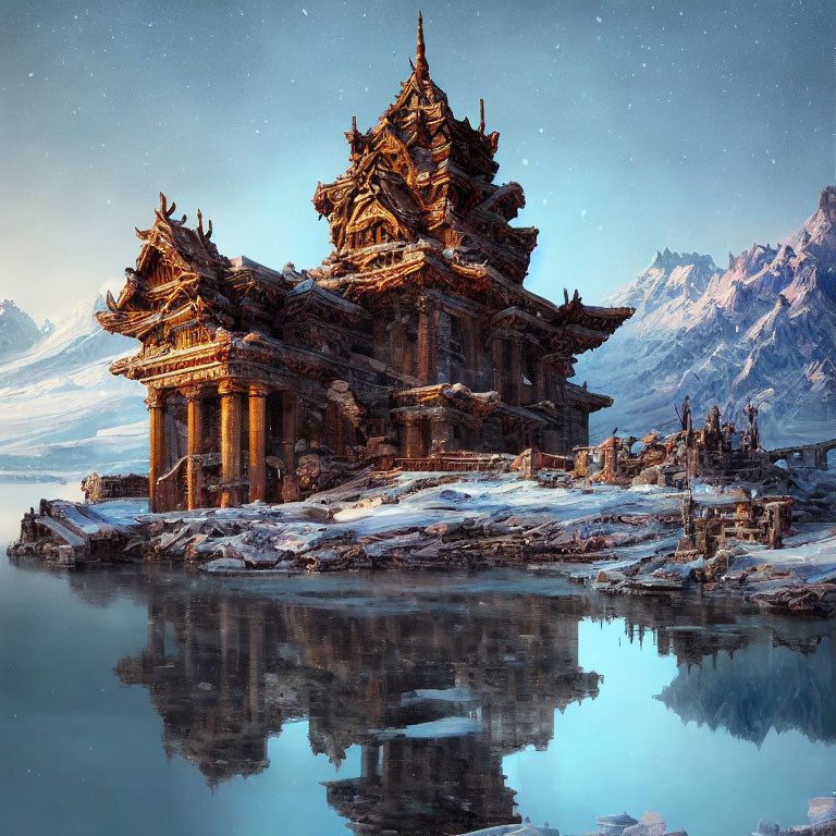 Ancient ornate temple by serene lake, snowy mountains, soft blue sky