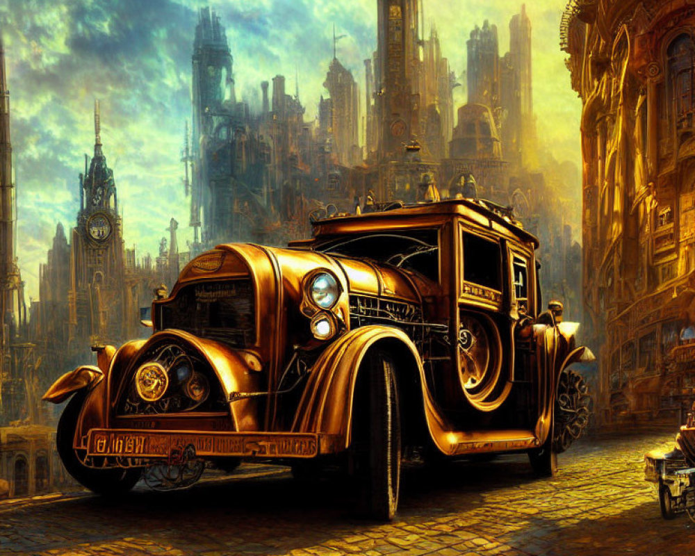 Bronze retro-futuristic car in dystopian cityscape with gothic buildings